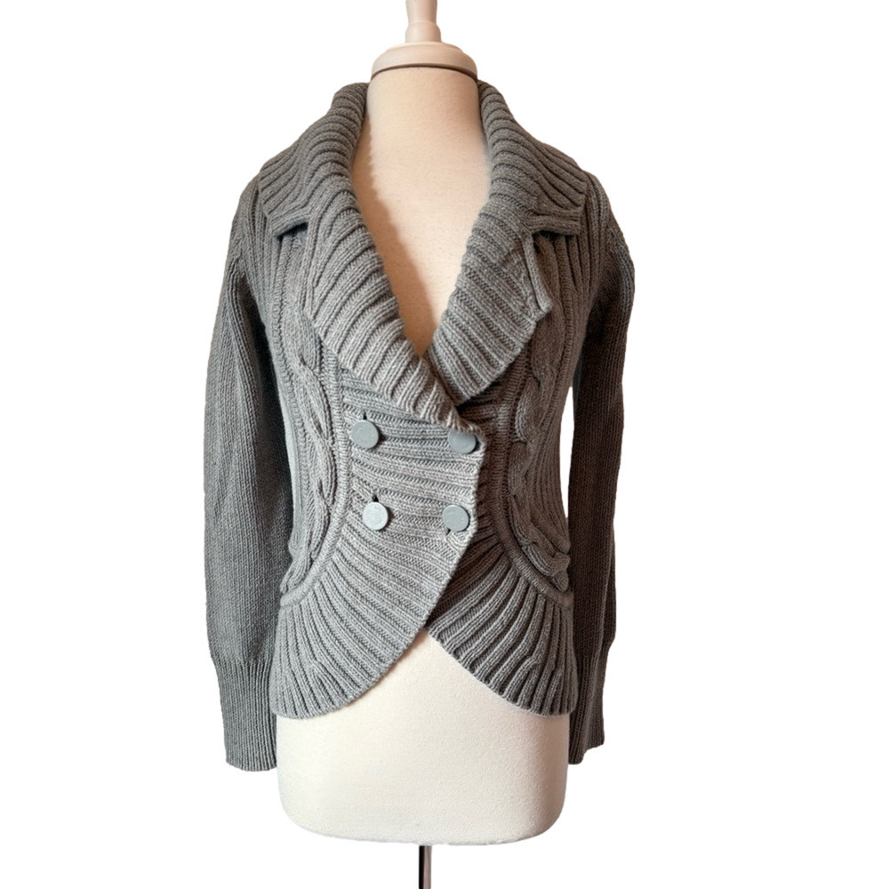 Women's L Whimsigoth Cropped Double Breasted Cable Knit Cardigan Sweater Preppy
